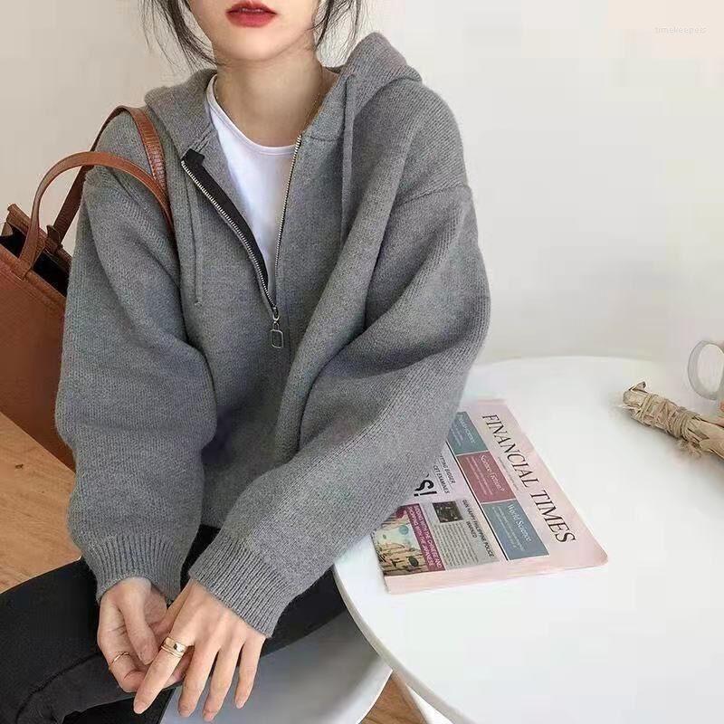 

Women's Knits Ladies Cardigan Knitting Sweater Women Spring Vintage All-match Elegant Zipper Loose Sweet Casual Fashion Basic Hooded Jacket, Black