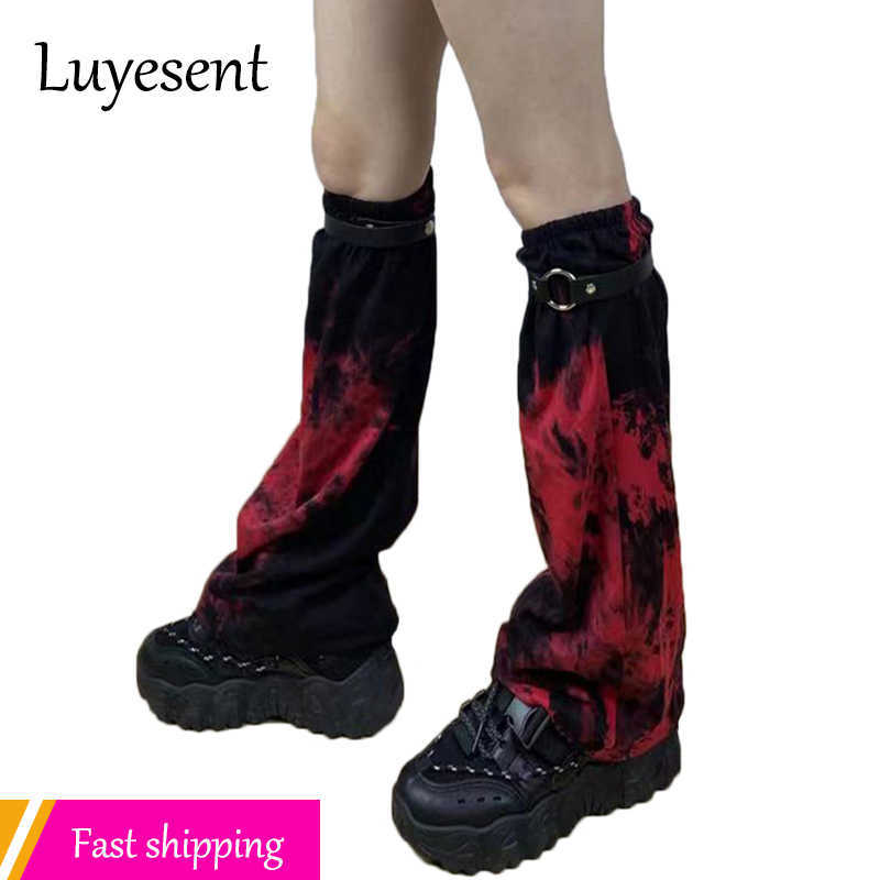 

Socks Hosiery Punk Girl Goth Leg Warmer Black Red Tie Dye Lady Ninja Harajuku Gothic Foot Covers PU Strap Long Sock Korean Fashion Streetwear T221107, Black and red