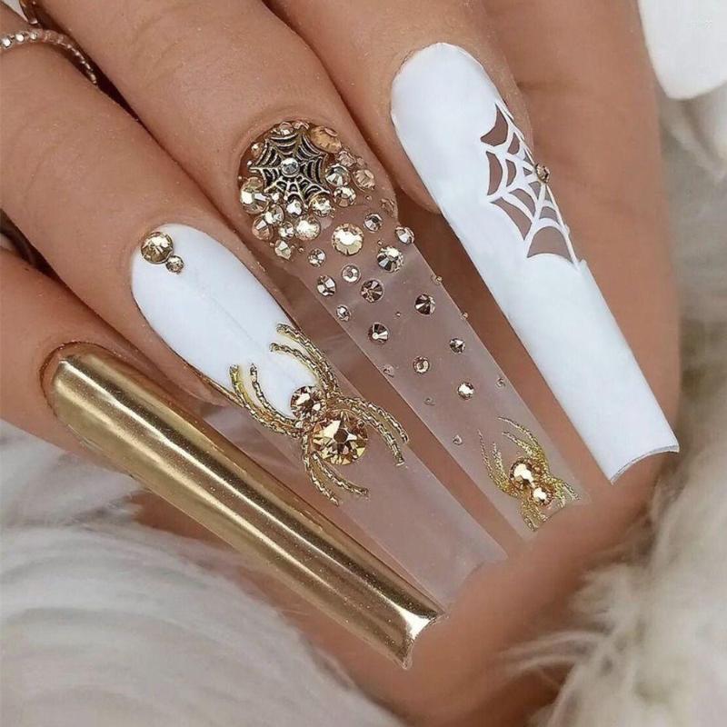 

False Nails Xmas Halloween Fake Long Ballerina Coffin Spiders Crystal Full Cover DIY Press On Nail Tip Manicure Tool, Only fake nails
