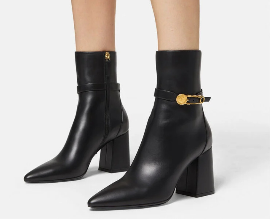 

Ankle boots Women Designers Pointed toe Martin Boots fashion safety pin high heel party classic calf leather block heels, Black