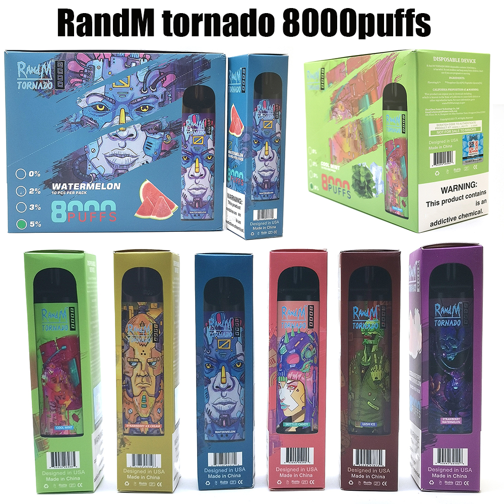 

RandM Tornado 8000puffs Disposable E cigarettes 16ml Pod 850mah Battery Type C Rechargeable Mesh Coil 20 Colors Authentic 0% 5%