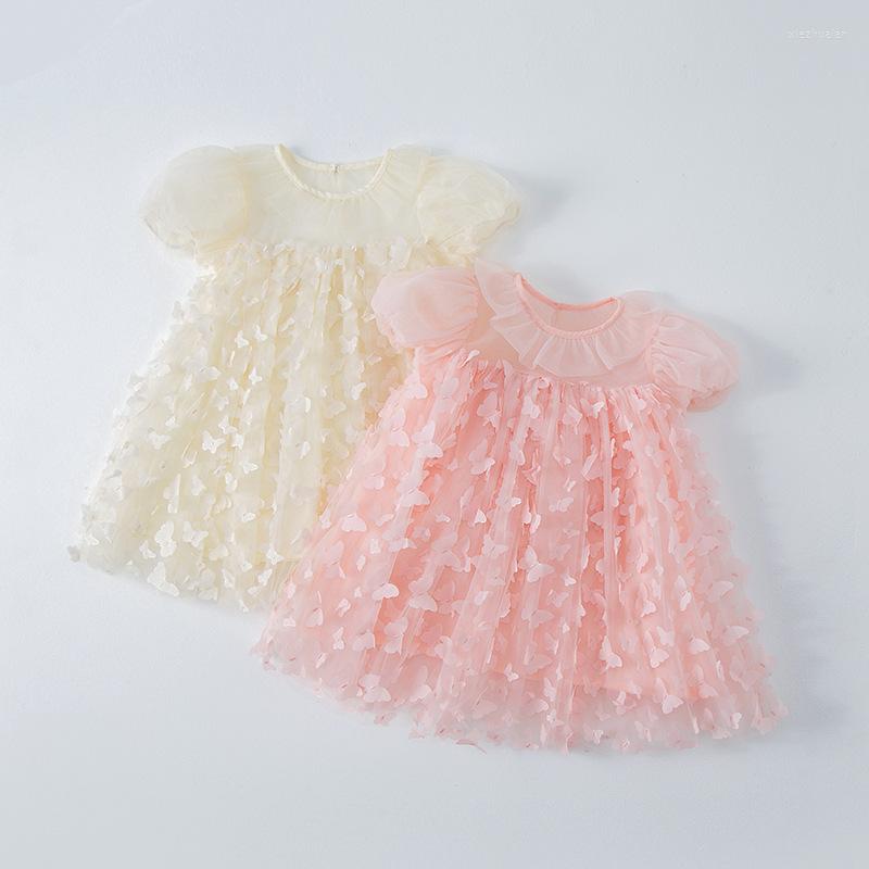 

Girl Dresses 2022 Summer Butterfly Three-dimensional Embroidery Girls Fluffy Gauze Dress Baby Puff Sleeve Fairy Princess 2-8T, Texture yellow