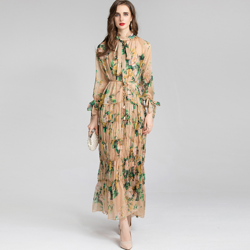 

Women's Runway Dresses O Neck Lace Up Floral Printed Pleated Elegant Fashion Long Party Prom, Multi