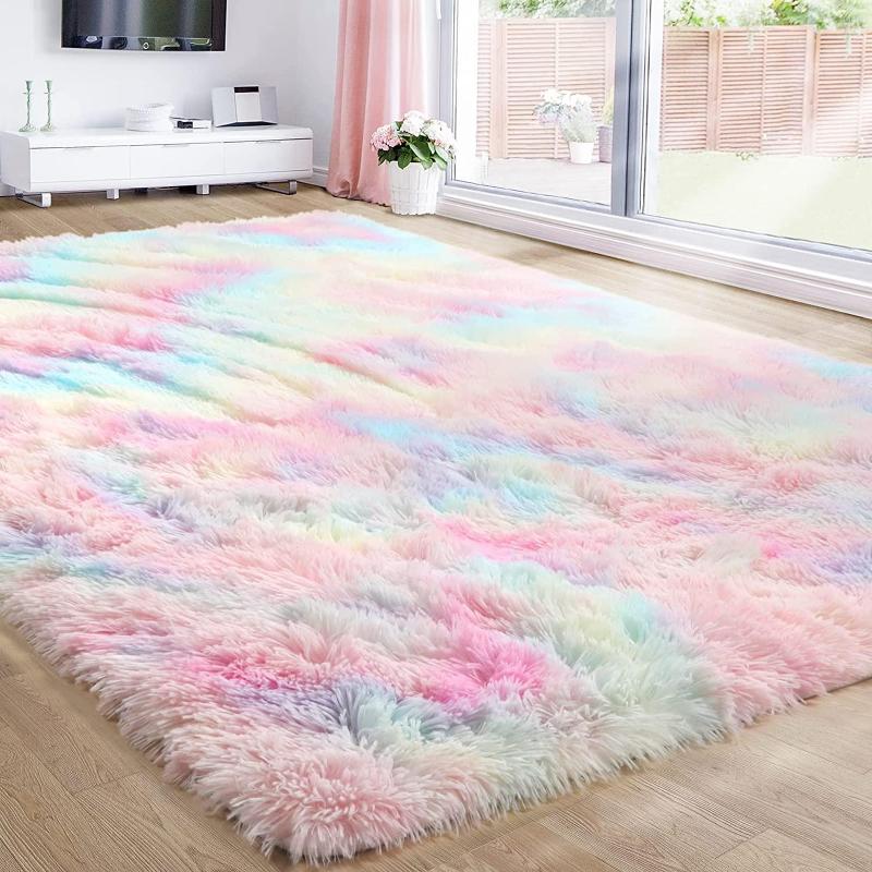 

Carpets Fluffy Rainbow Rugs For Girls Bedroom Soft Shag Teen Kids Baby Room Nursery Playroom Cute Decor Area Rug, Tie dye light grey