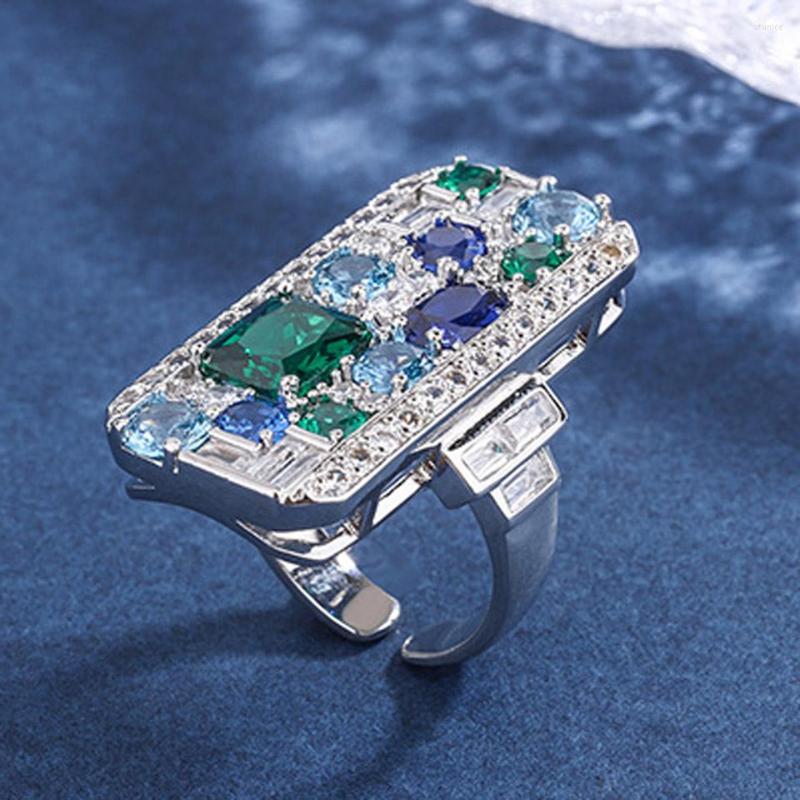 

Wedding Rings Zlxgirl Jewelry Blue Green Mixed Collorful CZ Zirconia Ring For Women Bridal High Quality Rhodium Silver Aneis