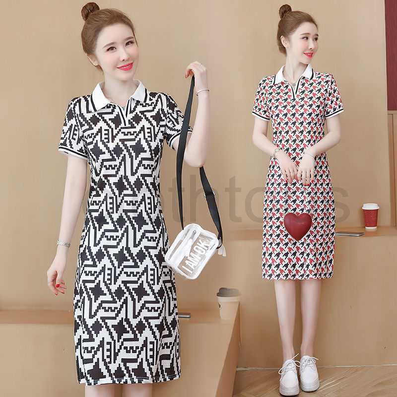 

Summer thin lapel dress New Korean version slim medium long casual polo collar short sleeve T-shirt skirt, Pink