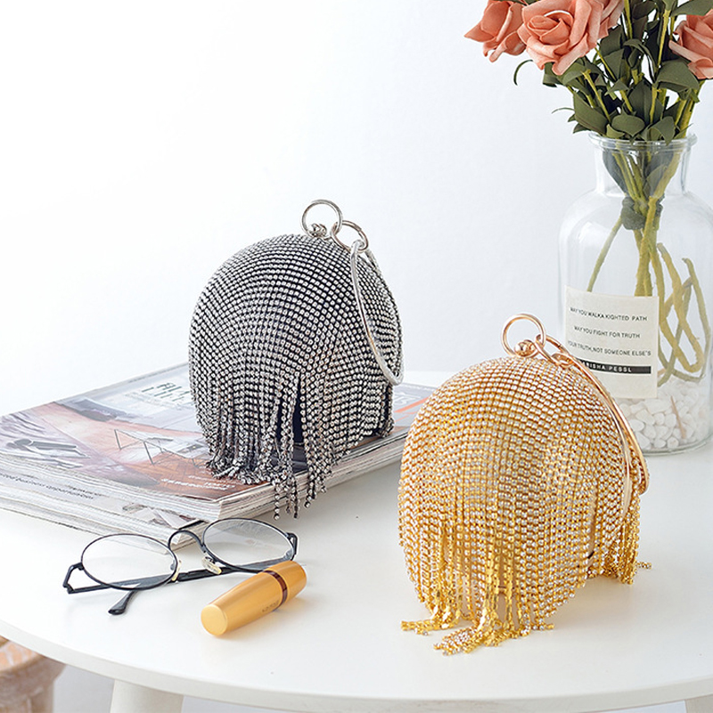 

Sliver Diamonds Handbag Women Round Ball Bag Crystal Evening Clutch Purse with Tassel Glitter Rhinestones Handbag for Wedding Party, Gold