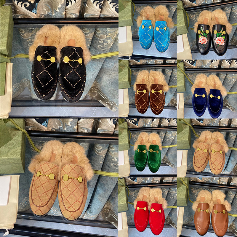 

2023 Fur Slippers Men Women Letters Cowhide Embroidery Applique Plush Furry Designer Slides Black Suede Leather mules Loafers Fashion Luxury Shoes pantoufle, Shoesbox