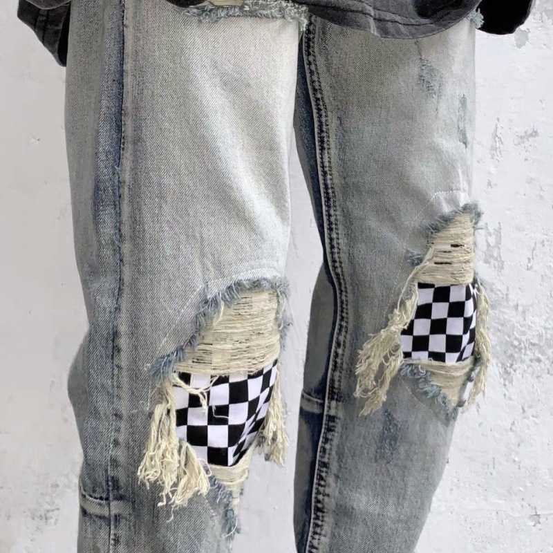

Pants Men's Fog Jeans Fashion Checkerboard Patch Cloth Men Slim Fit Zipper High Street Hole Must Scrape Wash Long Justi Biber Ripped, Retro light blue high quality
