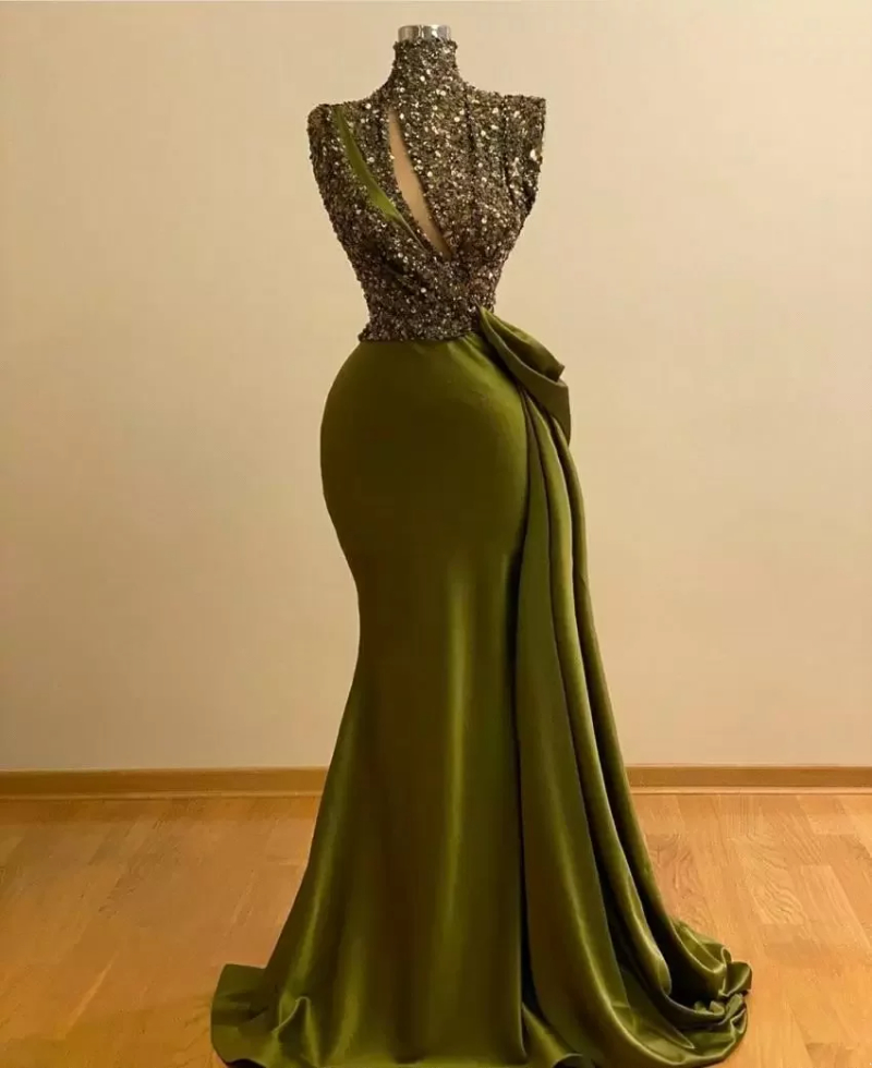

Sexy Olive Green Satin Mermaid Evening Dresses High Neck Lace Applique Ruched Court Train Formal Women Party Wear Prom Dress BC4422, Dark navy