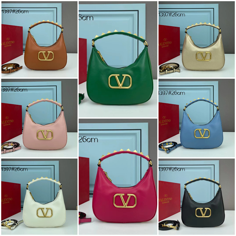 Dupe Valen-tino Hand Bags 26cm Hobobags Handle with Rivet Vintage Style Removable Shoulder Strap With Opp Dust Bag