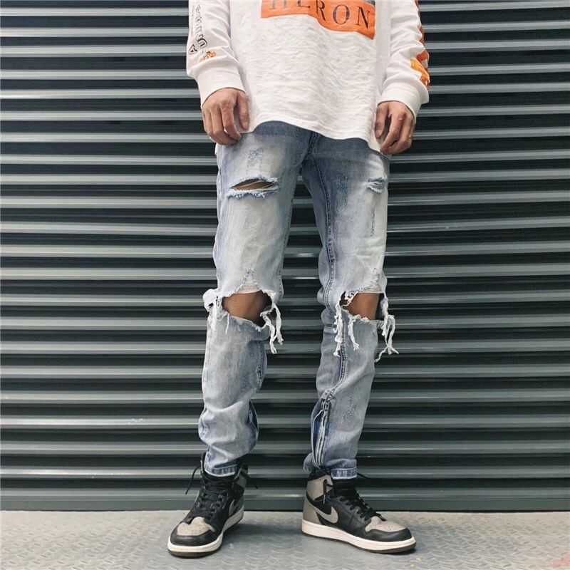 

Pants Men' Fog Jeans Fashion Water Washed Hole Pasted Cloth Plaid Slim Fit Brand Thin Elastic Beggar Men Justi Biber Ripped Hip Hop, Blue zipper