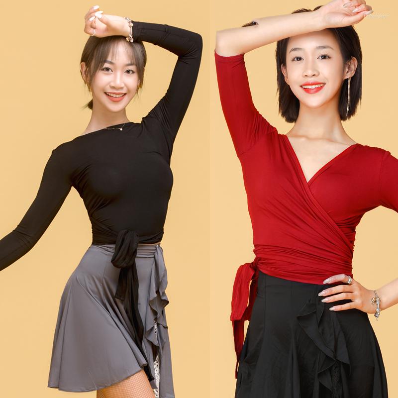 

Stage Wear Latin Dance Shirts Ladies Short Sleeve Ballroom Top For Women Rumba Cha Samba Dancing Clothes Practice DN9350, Black mid-sleeved