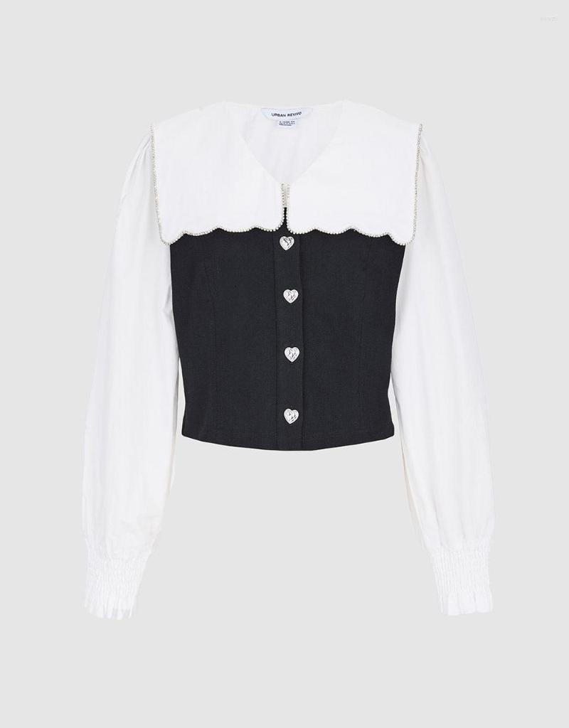 

Women's Blouses Statement Collar Puff Sleeve Denim Blouse, Black