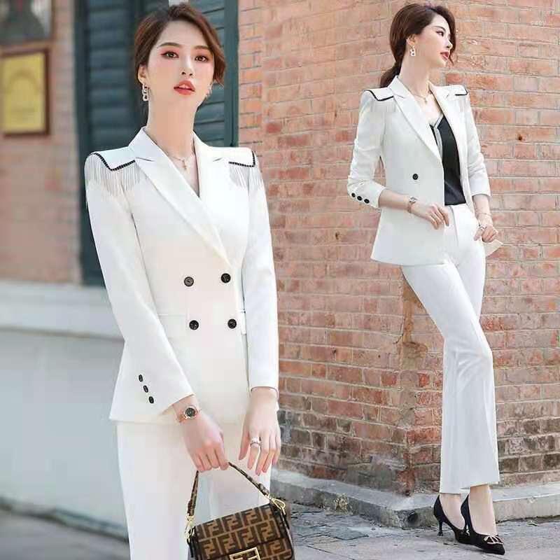

Women' Two Piece Pants 2022 Spring Autumn Women Vintage Office 2 Pcs Set Lady Double Breasted Notched Blazer High Waist Pant Suit Female, Qianlv