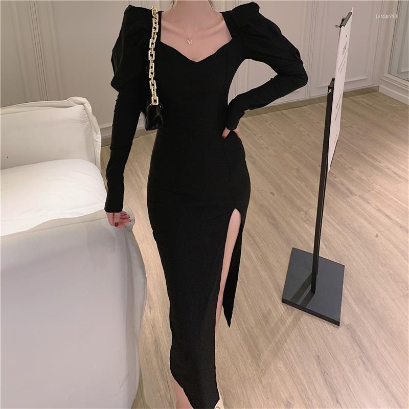 

Casual Dresses French Vintage Black Maxi Dress Women Autumn Elegant High-slit Long Sleeve Slim Square Collar Lady Party