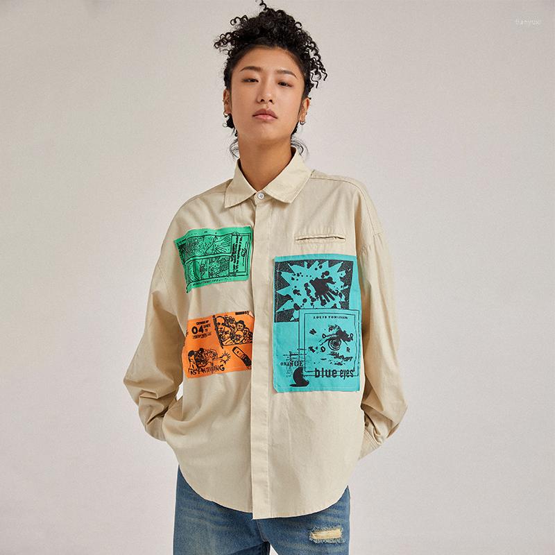 

Men' Casual Shirts Original Tide Brand Amulet Patch Print High Street Washed And Made Old High-quality Cotton Men Women Loose Long-sleeved, Khaki