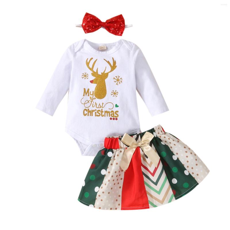 

Girl Dresses 3Pcs Baby's Clothes Girls Christmas Costumes Letter Print Long-Sleeve Romper Splicing Skirt Headband For Born 0-24 Months