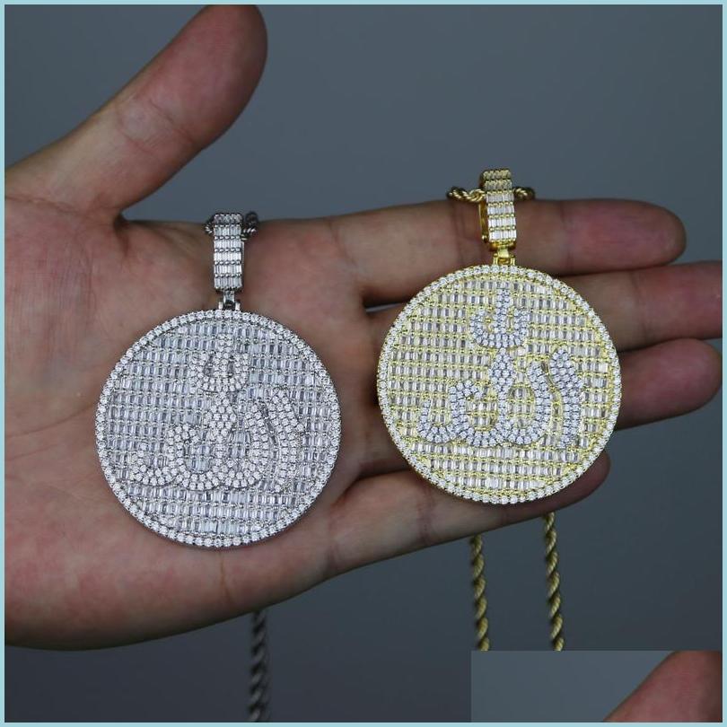 

Pendant Necklaces Big Round Allah Pendant With Cuban Chian Tennis Chains Necklace For Women Men Hip Hop Jewelry Wholesale High Quali Dhiju