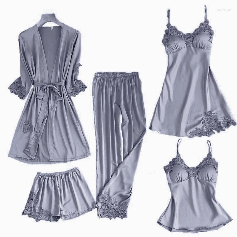 

Women's Sleepwear Silky Satin Pajamas Sets Sexy Womens 5PC Lace Strap Top Pants Suit Spring Autumn Home Wear Nightwear Bath Gown, Nightie gray