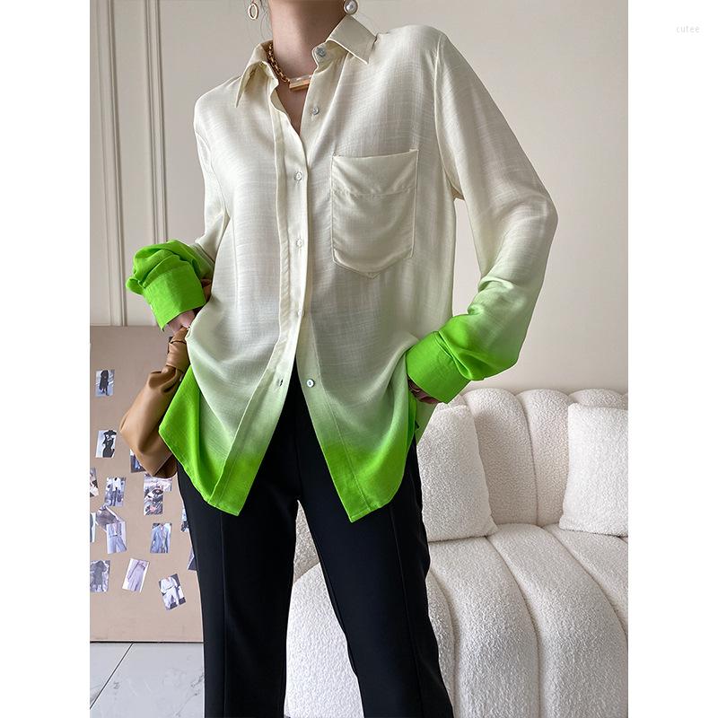 

Women' Blouses Summer Design Sense Niche 2022 Trendy Green Gradient Long-sleeved Shirts Stacked With Versatile Temperament Tops, Photo color