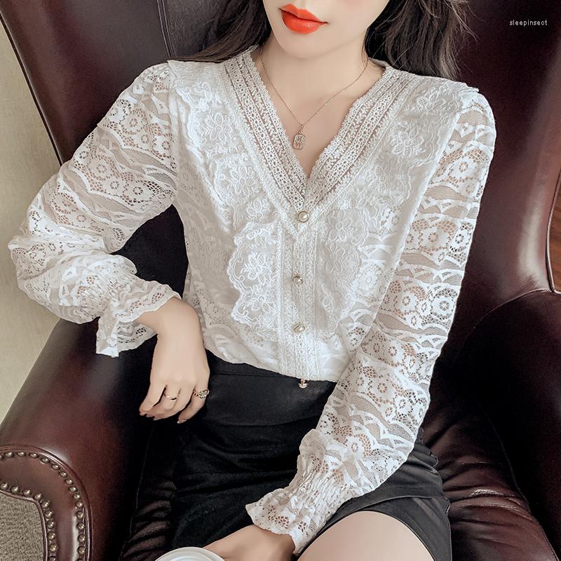 

Women' Blouses Blouse Shirts 2022 Korean Fashion Blusas Mujer De Moda Style Ruffle Lace V-neck Hollowed Out Temperament Ladies Tops 516i, Pink