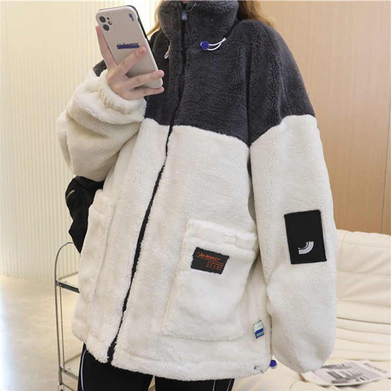 

Women's Jackets casual stand collar thickened contrast color lamb wool cotton coat, Green