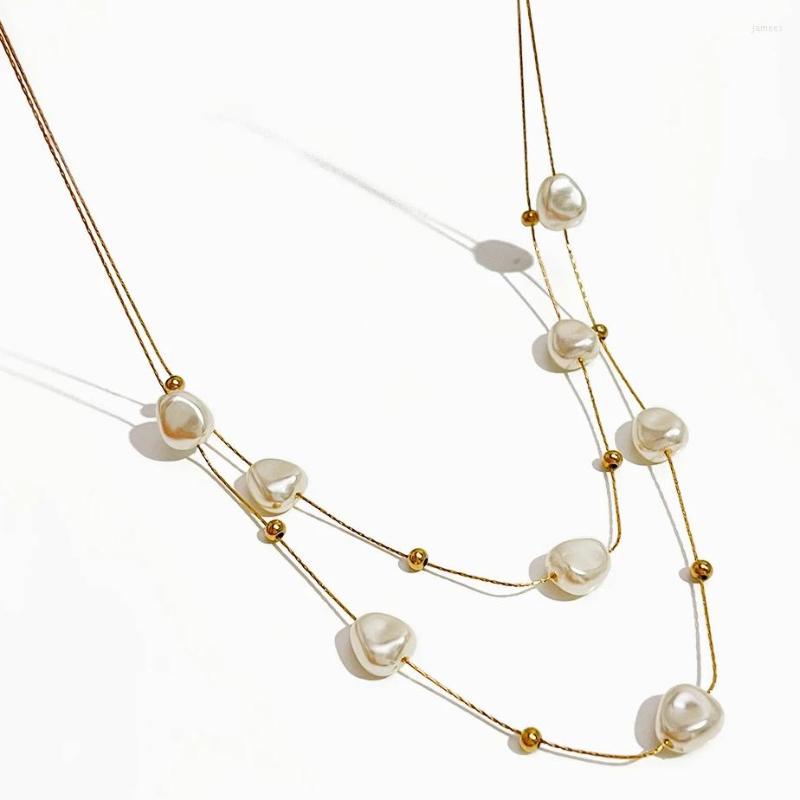 

Choker Peri'sBox Elegant Double Layered Simulated Baroque Pearl Necklace Women Stainless Steel Gold Plated Thin Chain Wedding Jewelry