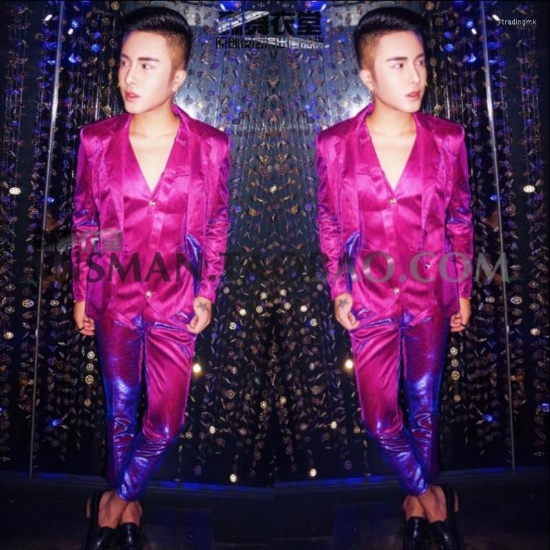 

Men' Suits Singer Men Korean Slim Outerwear Symphony Rose Purple Blazer Male Coat Host Dress Nightclub Dj Clothes Suit Vest Nine Pants, Suit vest and pants