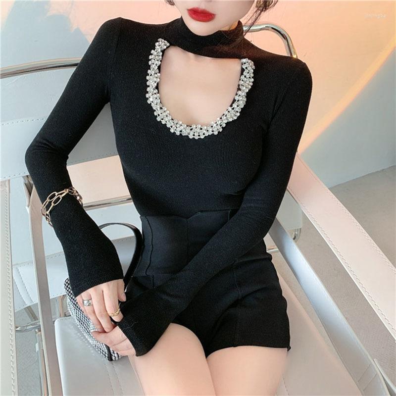 

Women's T Shirts 2022 Sexy For Women Fashion Turtleneck Hollow Out Tops Design Rhinestone Slim Base Long Sleeve Elegant Lady, Black