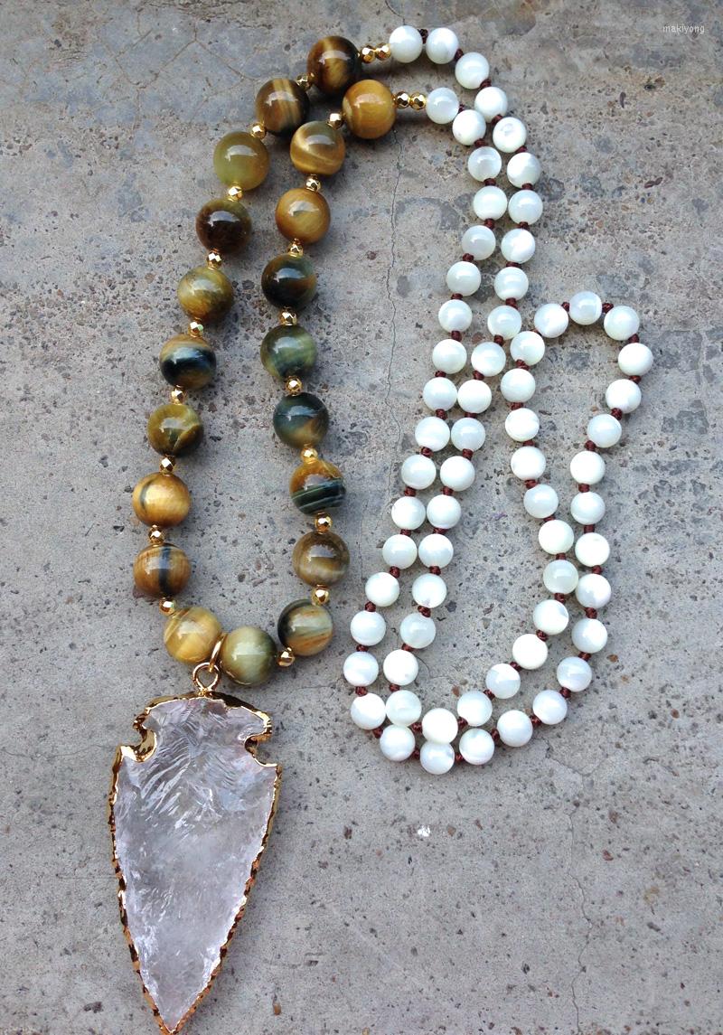 

Pendant Necklaces YA2495 Chakra Clear Quartz Arrow Tiger Eye Stone Knot Beads Handmade 30inch Long