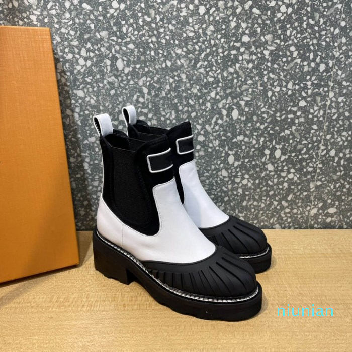 

Autumn and Winter 2022 New Boots Genuine Leather Women's Color Contrast Design Chelsea Mid Heel Thick Sole Short Boots Smoke, As pic 1