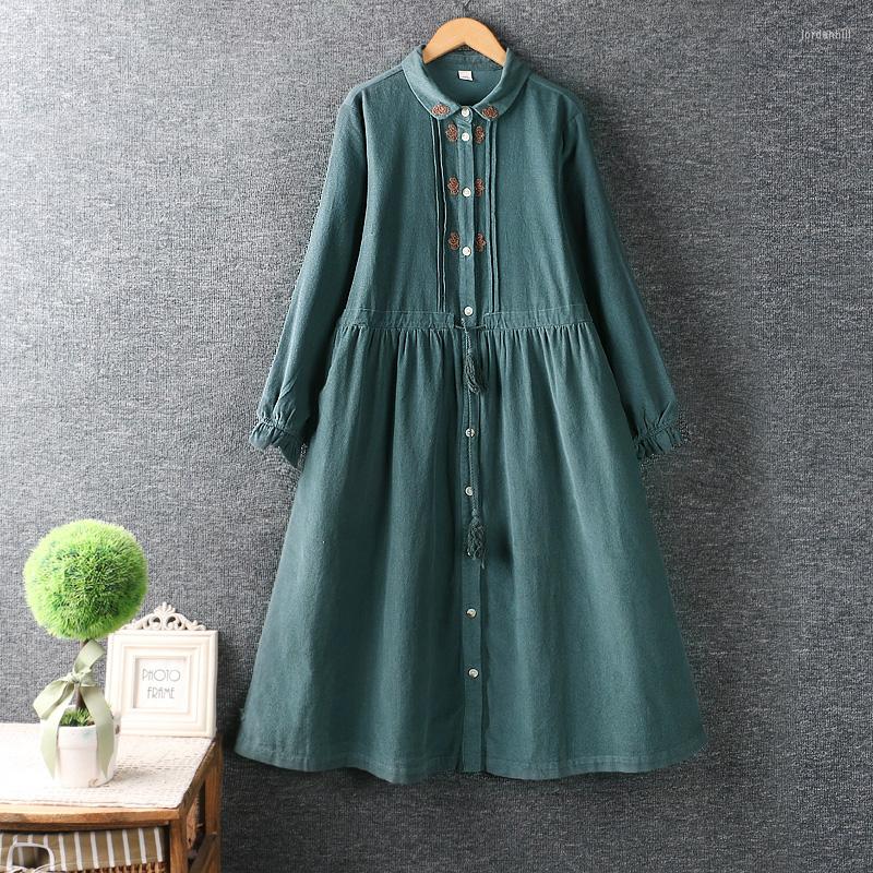 

Casual Dresses Autumn Women Corduroy Embroidered Long-sleeved Dress Pure Color Midi, Green