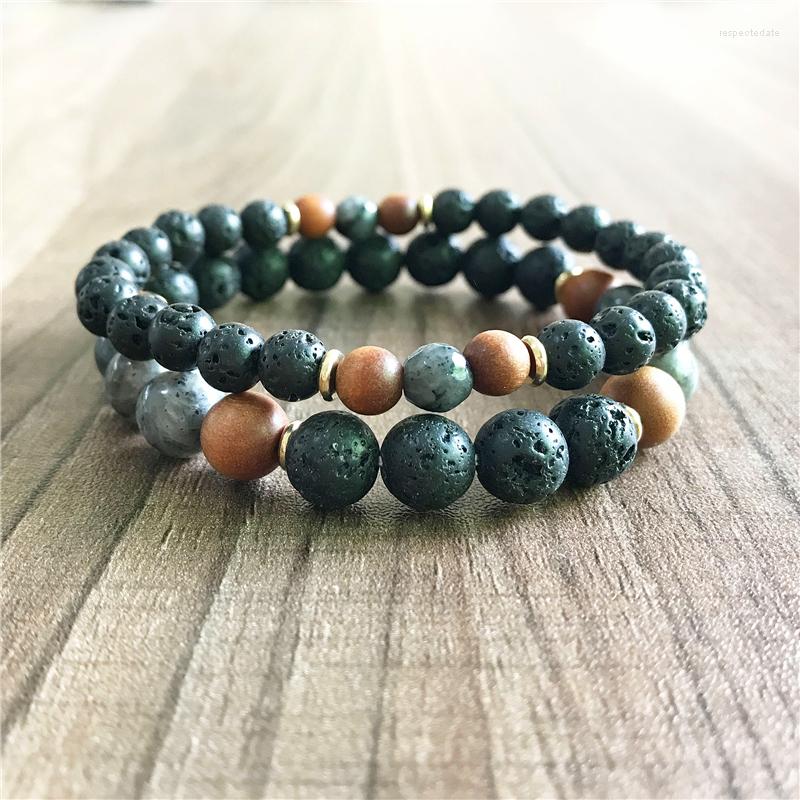 

Strand 2 Pc Sets Men's Personality Bracelet Labradorite & Lava Stone Sandalwood Boy's Gift Holiday