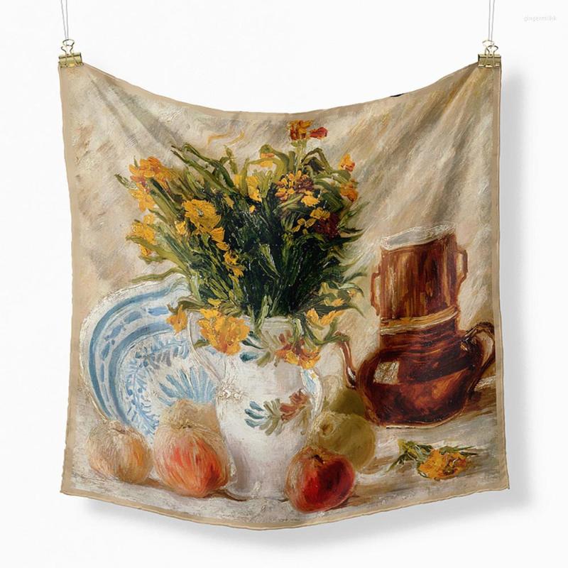 

Scarves Twill Silk Scarf Headband For Women Vase With Fruit Oil Print Square Head Hair Band Ties Bandana Kerchief Accessories