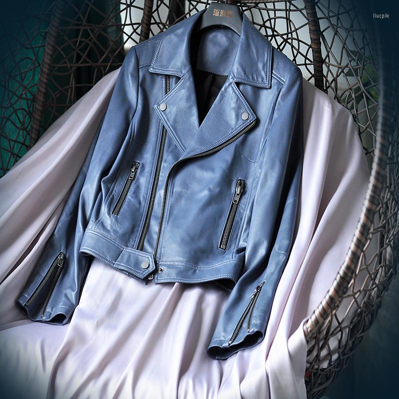 

Women's Leather Women Sheepskin Genuine Motorcycle Jacket Coat Female Short Coats Spring Autumn 2023 Mujer Chaqueta Pph3220, Blue