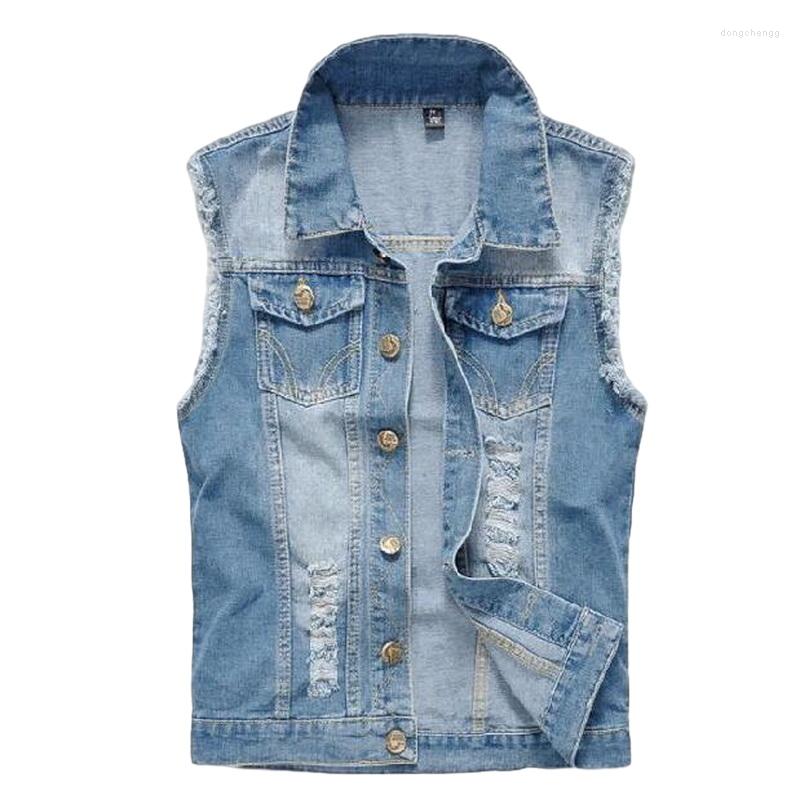

Men's Vests Denim Vest Men's Jacket Sleeveless Casual Waistcoat Jean Coat Ripped Slim Fit Male Cowboy Hole, 02