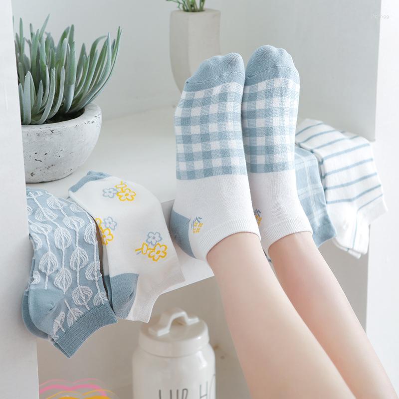 

Women Socks Flower Plaid Stripe Kawaii Cotton Sock Woman Blue Short Ladies Spring Summer Casual Japanese Comfortable, Sss-1