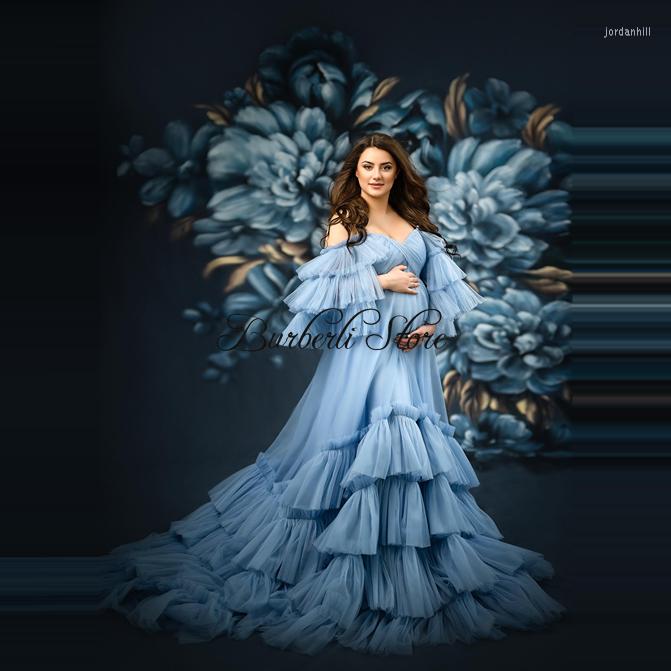 

Party Dresses Elegant Blue Tiered Tulle Maternity Dress Off Shoulder Rulles A-line Pregnanty Women Gowns Long Baby Shower Po-shoot, Black