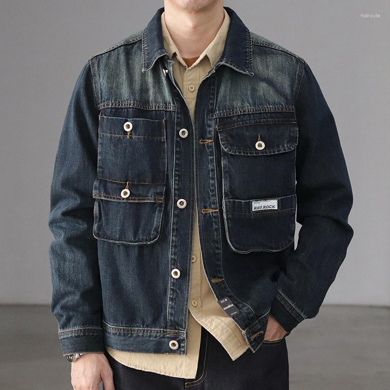 

Men's Jackets Autumn Winter American Retro Heavyweight Denim Cargo Jacket Men's Fashion Cotton Washed Old Multi Pocket Casual Coat, Light blue