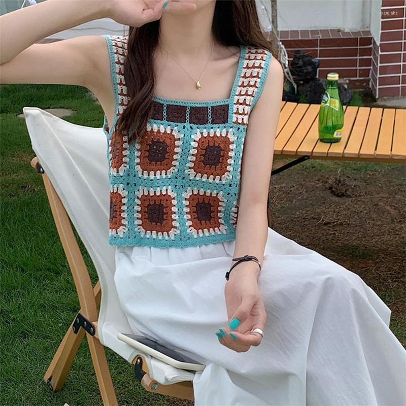 

Women's Tanks Boho Retro Vintage Crochet Camis Tank Tops For Women Girls Sexy Hollow Out Colorful Spaghetti Strap Crop Top Beach Holiday, Beige