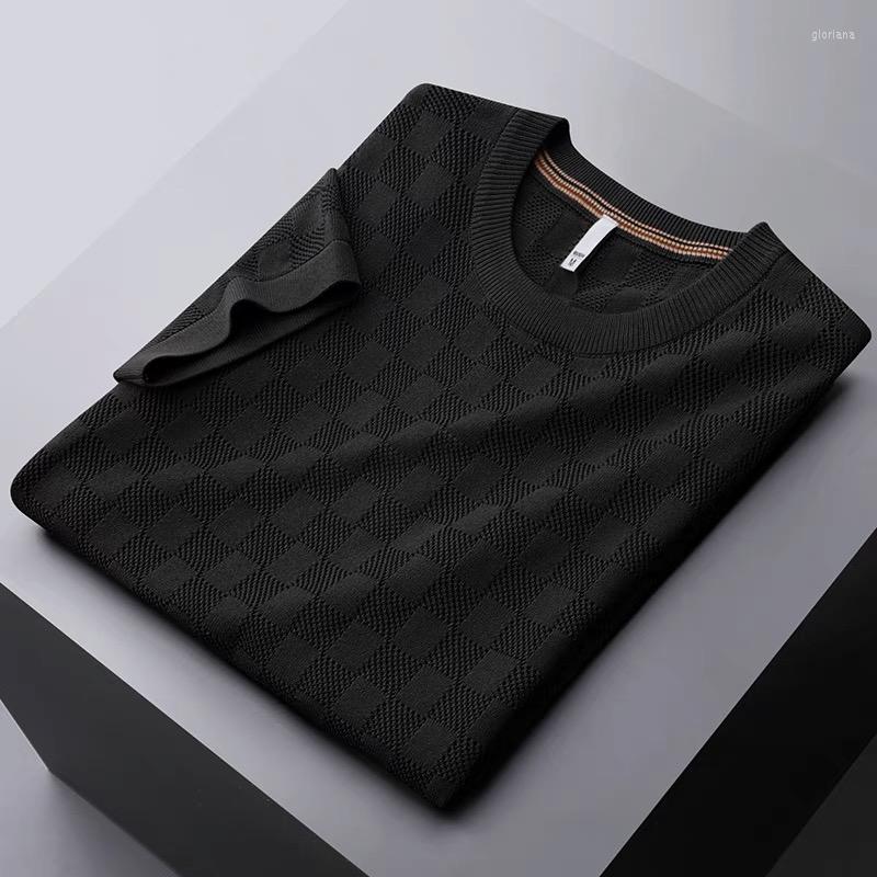 

Men's T Shirts High End Waffle Jacquard Knitted T-shirt Men's Round Neck Short Sleeve 2022 Summer Fashion Casual Half Luxury, Black