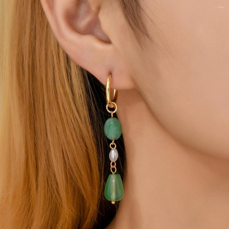

Dangle Earrings Charm Green Natural Stone Beads Drop For Women Gold Color Stainless Steel Circle Hoops Long Chain Earring Boho Jewelry