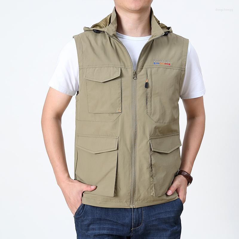 

Men's Vests Spring And Autumn Waistcoat Outdoor Multi-pocket Leisure Horse Clip With Cap Quick-drying Thin Sleeveless Men, Blue