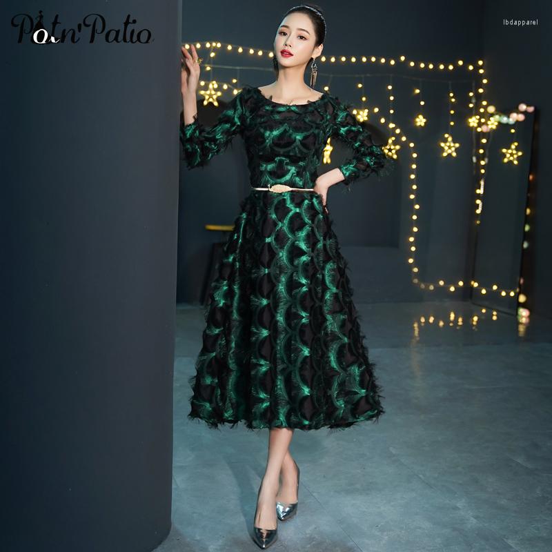 

Party Dresses Elegant Long Sleeve Evening O-neck A-line -Length Lace Green Formal Gown Mother Of The Bride