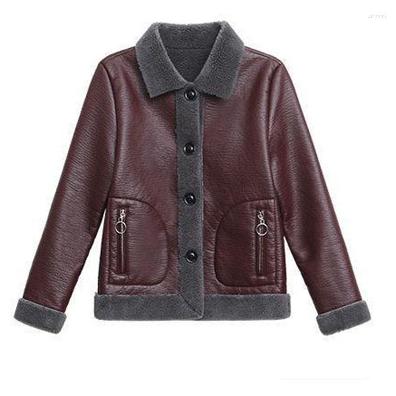 

Women's Leather Fleece Warm Jacket Women's 2022 Autumn And Winter Models Square Neck Trend Fashion Western Style Loose Short Lady, Red