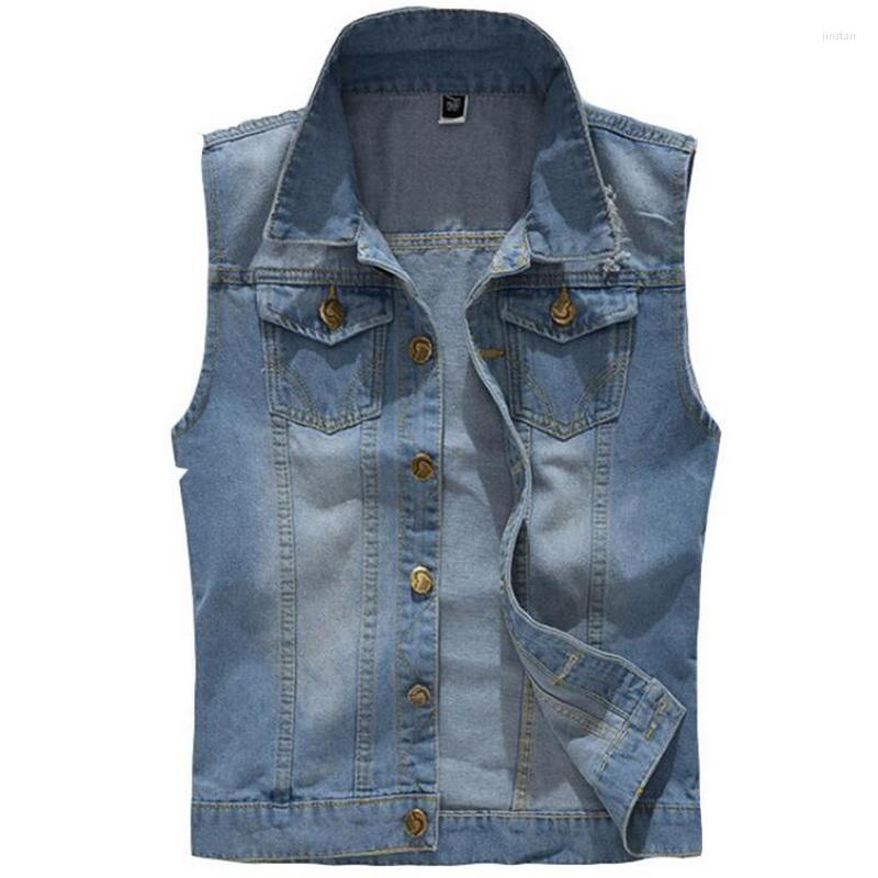 

Men's Vests Men Denim Jeans Waistcoat Sleeveless Cowboy Jacket Size 5XL 6XL Ripped, Blue