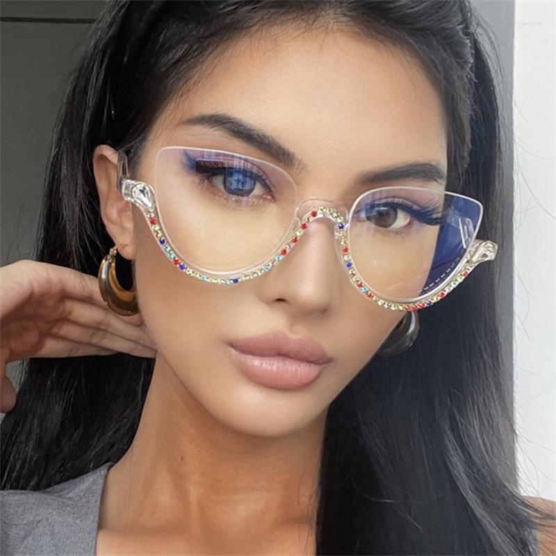 

Sunglasses 2022 Half Frame Diamond Inlay Women's Anti Blue Light Glasses Retro Fashion Grace Female Spectacle For Office Eyeglass