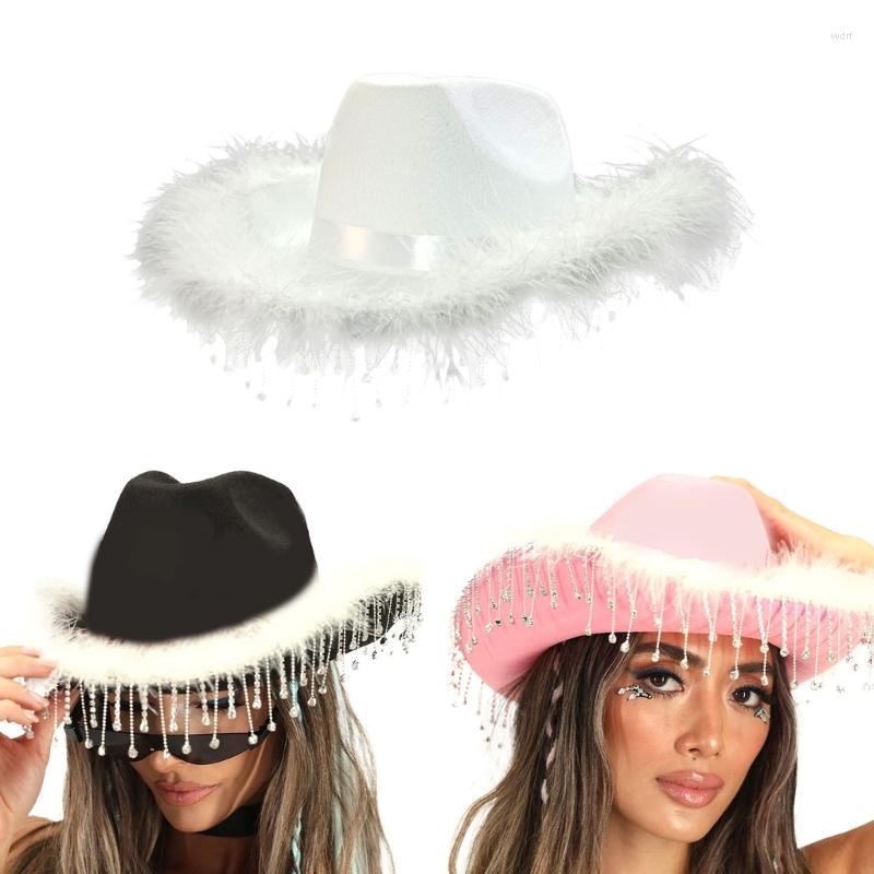 

Berets MXMB Pink Elegant Cowgirl Hat For Bridal Shower White Cowboy Wide Brim Glistening Tassels
