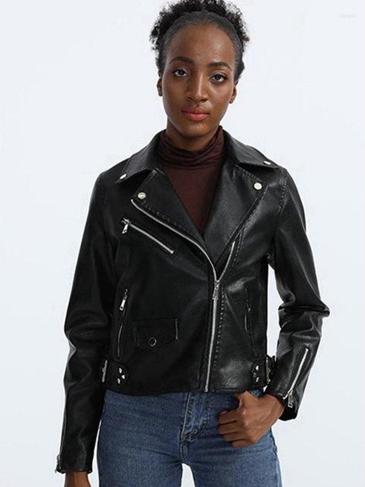 

Women's Leather Fall Winter PU Jacket Ladies Lapel Collar Long Sleeve Zipper Slim Coat, Black